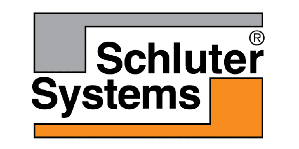 Logotipo de Schluter Systems con un diseño en gris y naranja que representa su marca.