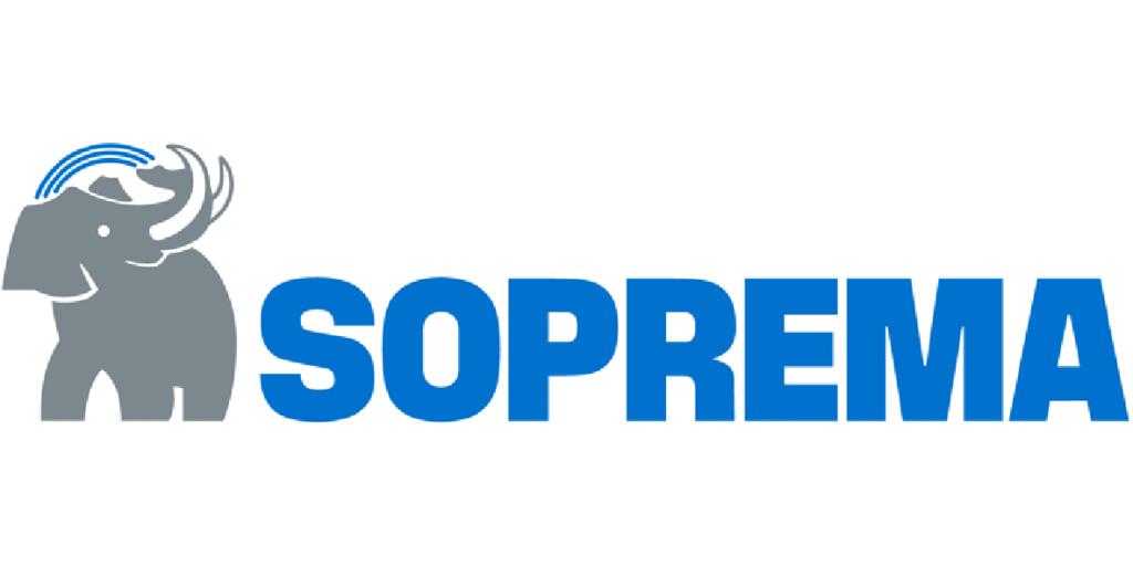 Logotipo de SOPREMA con un elefante gris y el nombre en azul, representando la marca.