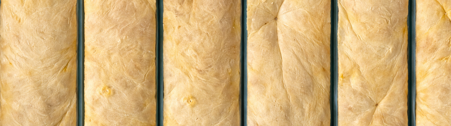 Varias piezas de masa horneada, doradas y alargadas, se alinean en vertical con una superficie lisa y ligeramente arrugada y bordes bien definidos.