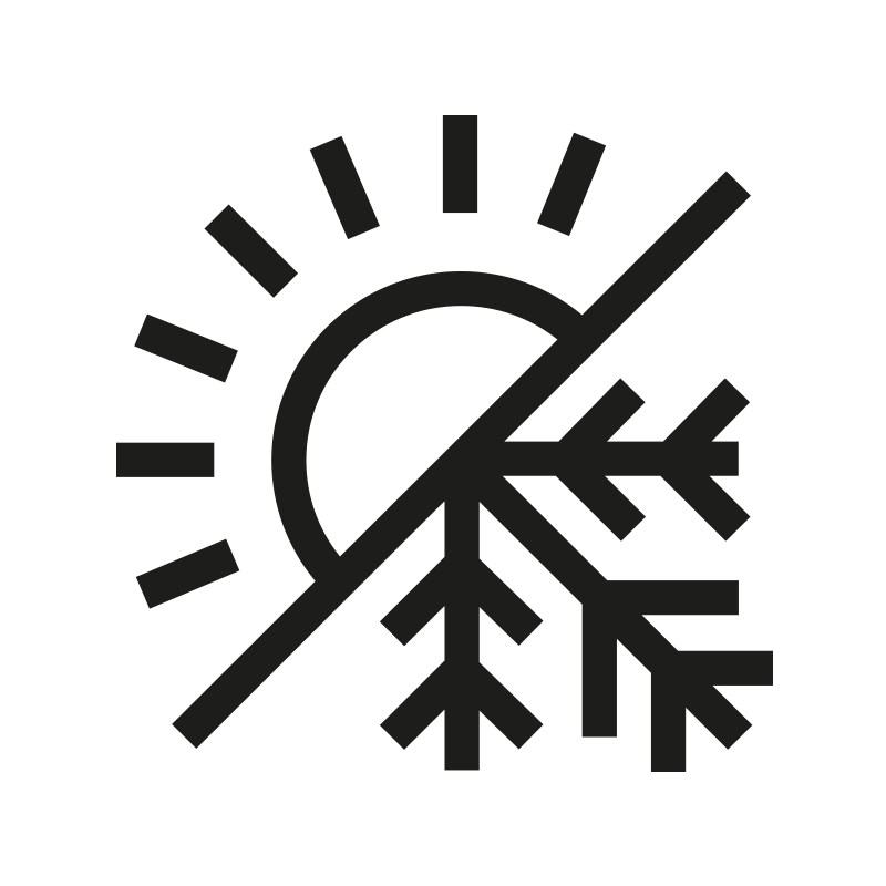 Un símbolo negro de sol y copo de nieve cruzados representa el aislamiento térmico con un claro contraste entre calor y frío en un diseño minimalista.