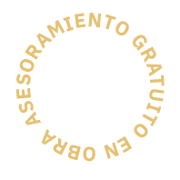 Texto circular en tonos dorados que dice “ASESORAMIENTO GRATUITO EN OBRA”, con letras mayúsculas distribuidas alrededor de un centro blanco limpio.