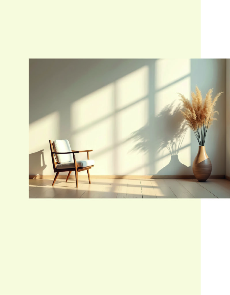 Silla de madera con cojín blanco en un espacio iluminado, junto a un jarrón con plantas secas.
