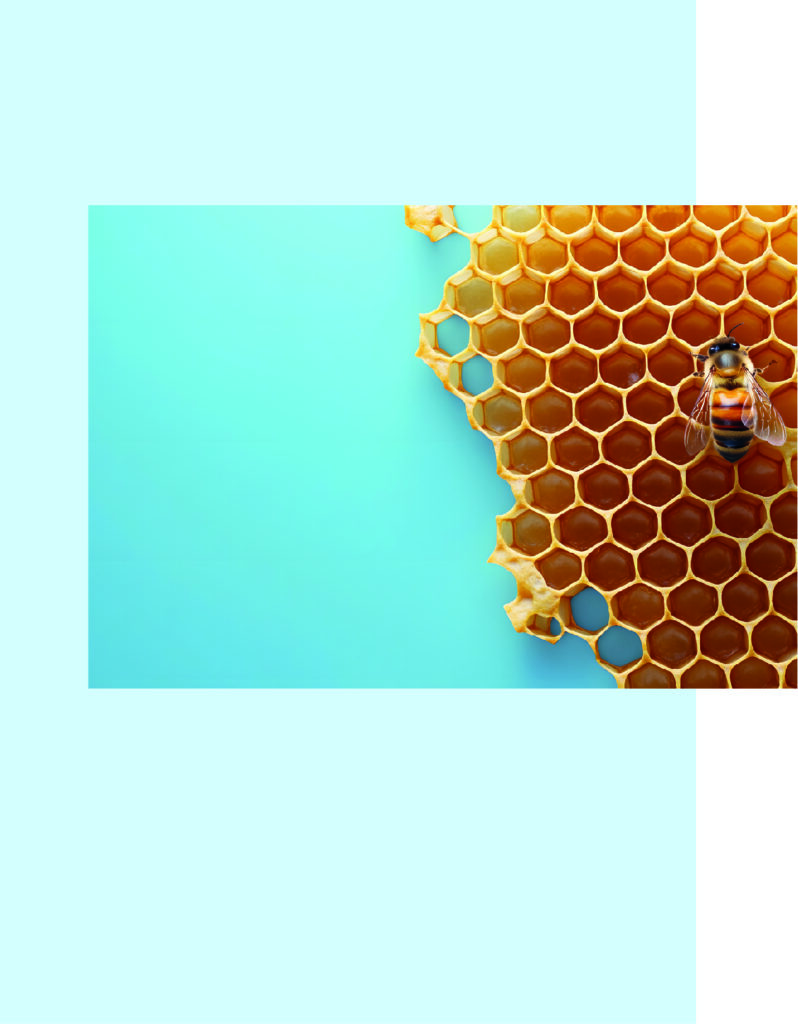 Un panal de miel dorado con una abeja sobre fondo turquesa resalta la textura hexagonal y el contraste cálido del colmenar en primer plano.