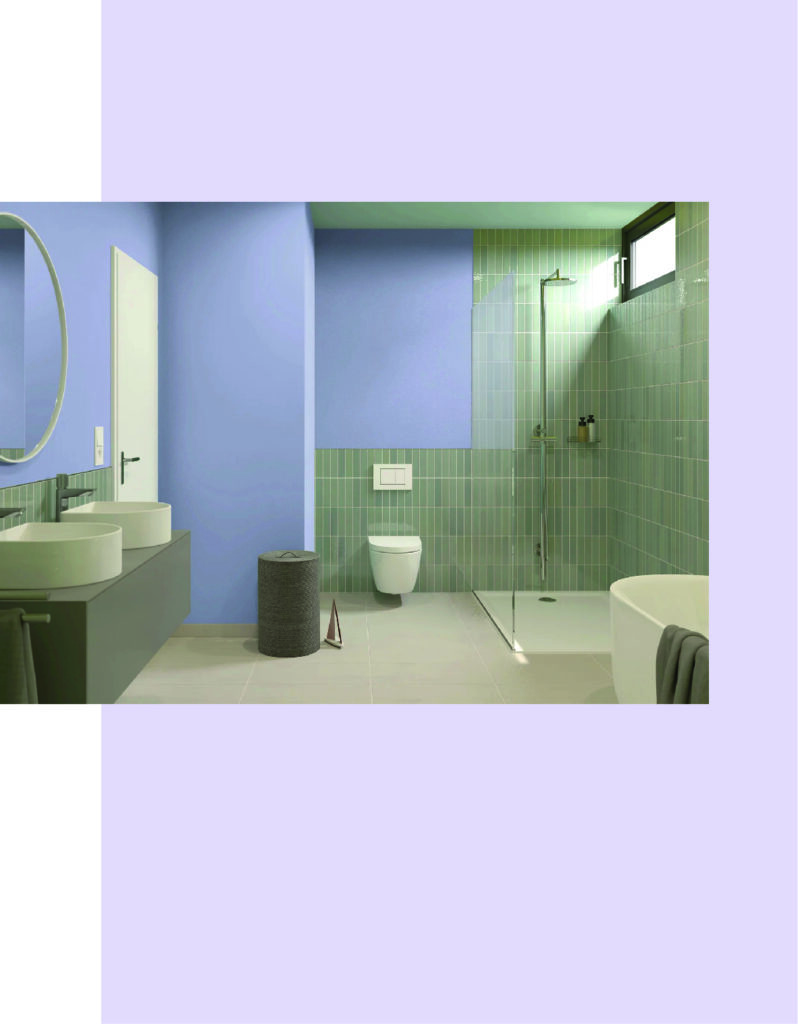 Baño moderno con paredes verdes y azules, lavabo doble y ducha de vidrio.