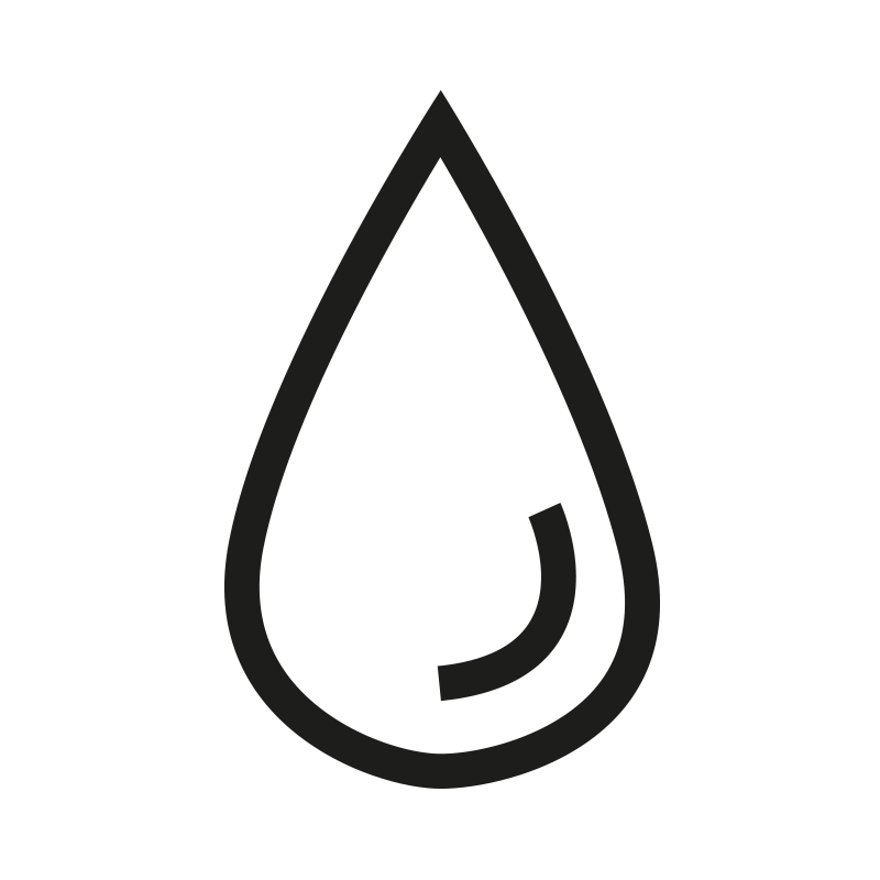 Un icono de gota negra con contorno grueso y una curva interior destaca sobre fondo negro en un diseño minimalista de impermeabilización.