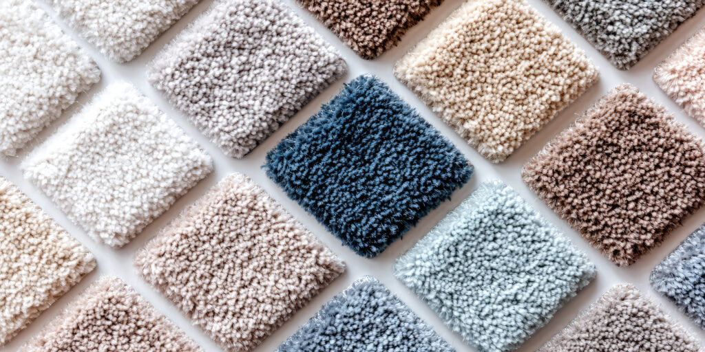Muestras de moqueta texturizada en tonos beige, gris, azul y blanco, con fibras gruesas y aspecto mullido sobre fondo claro.