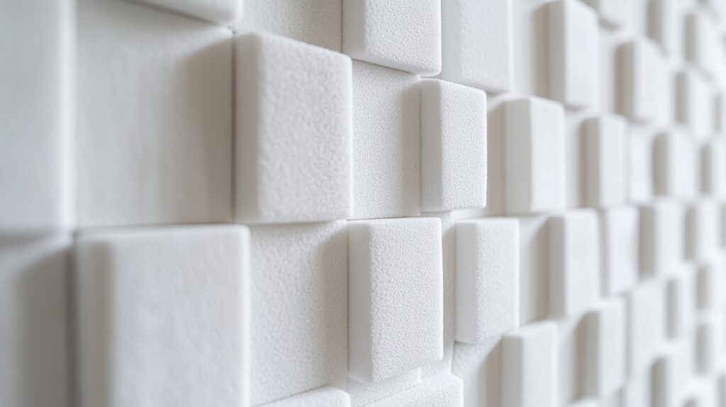 Paneles anti ruido aéreos blancos y texturizados en una superficie modular, con relieve geométrico y acabado limpio de alta absorción acústica.