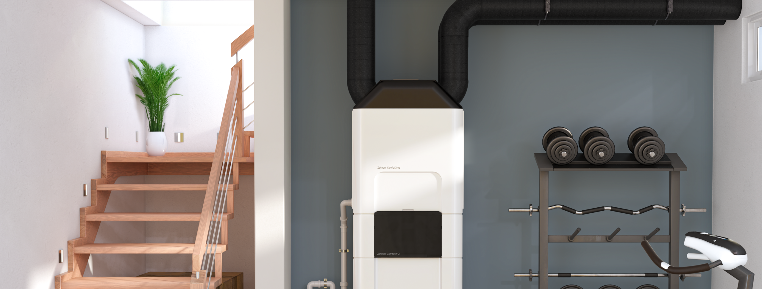 Sistema de ventilación y climatización en un espacio interior con pesas y una planta decorativa.